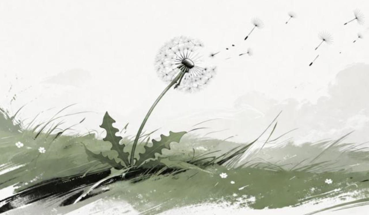 An ink-style dandelion scattering its seeds in the wind
